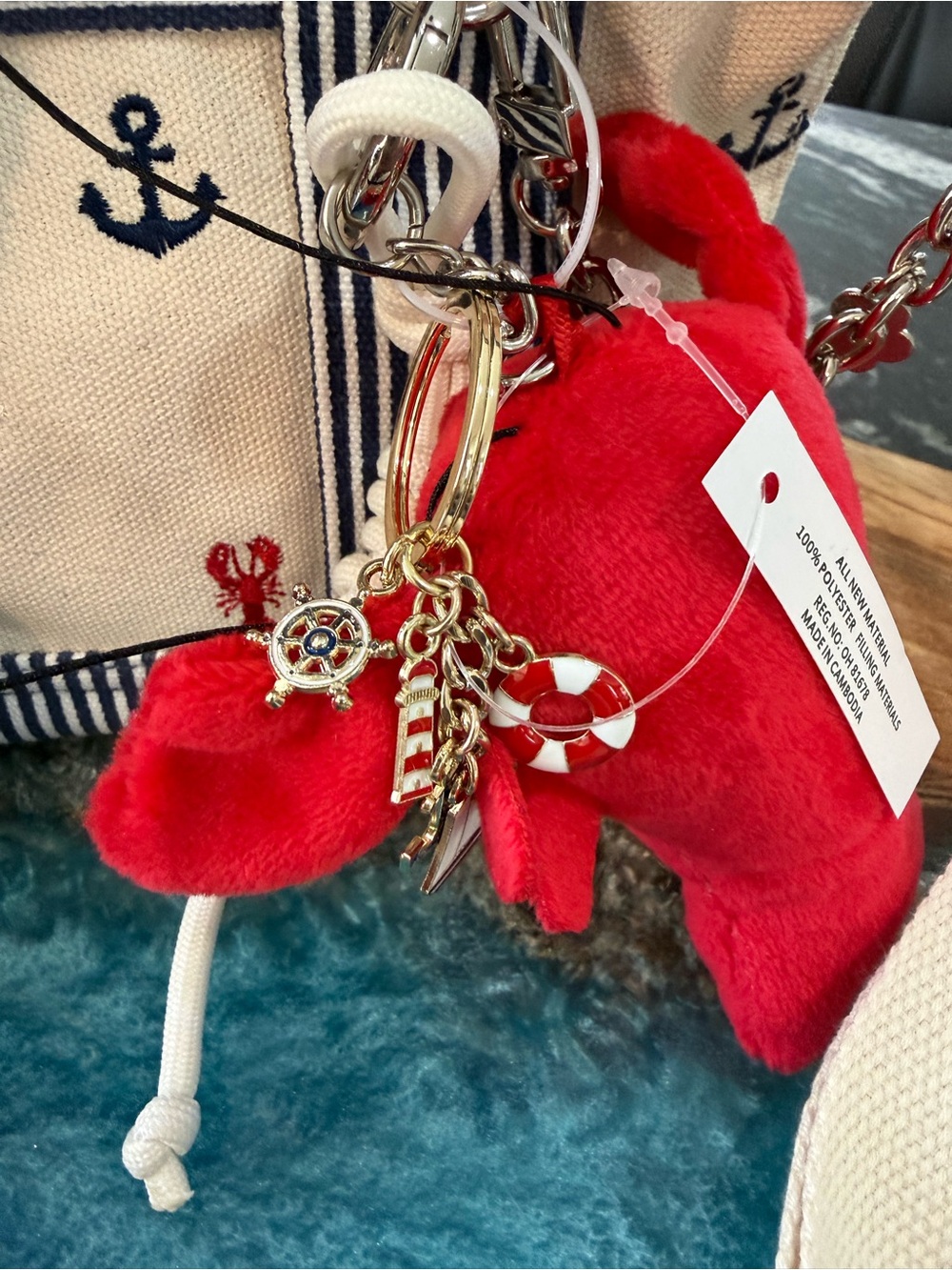 Adorable Nautical Canvas Handbag/Crossbody Bag with Red Lobster & Charms - Picture 2 of 10